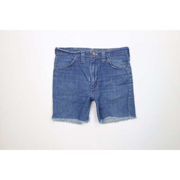 Vintage 70s Wrangler Mens 30 Distressed Frayed Denim Jean Short Shorts Blue USA - Picture 1 of 13